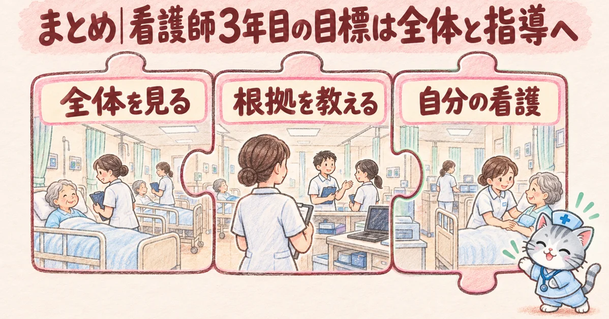 まとめ|看護師3年目の目標は全体と指導へ(パズルの図解)