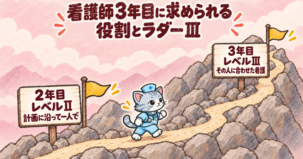 看護師3年目に求められる役割とラダーⅢ(山の道のりの図解)