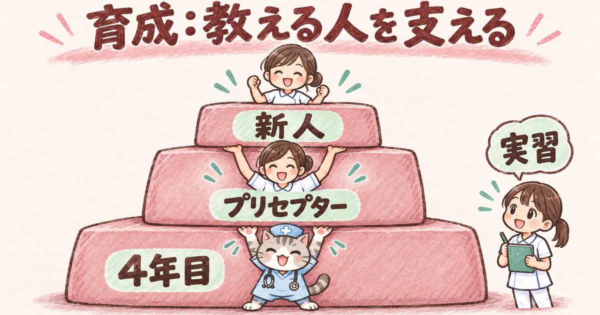 育成:教える人を支える(土台の積み重ねの図解)